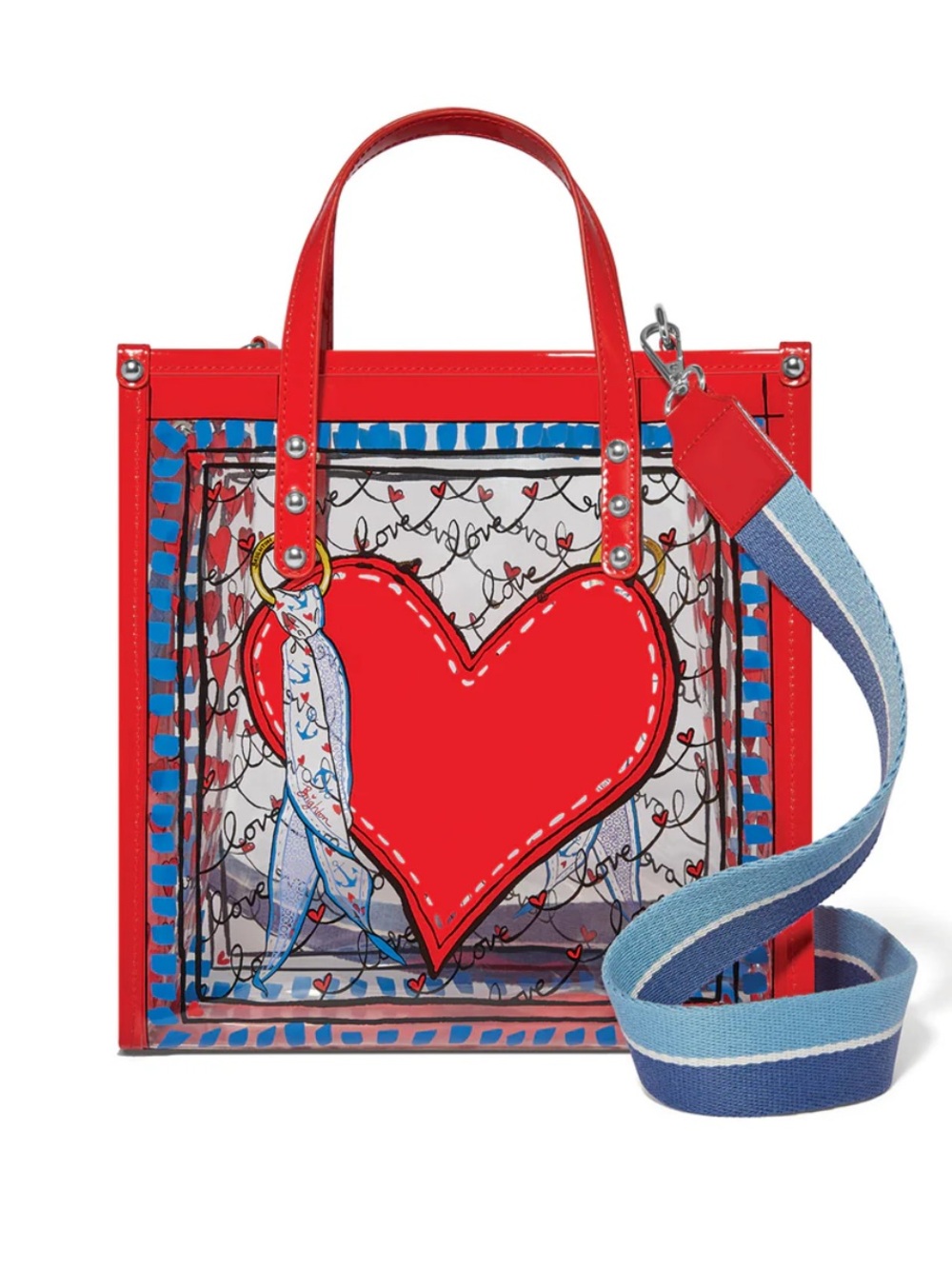 New Brighton Striped Love Vinyl Tote Heart Clear Tote Bag&  Blue Crossbody Strap